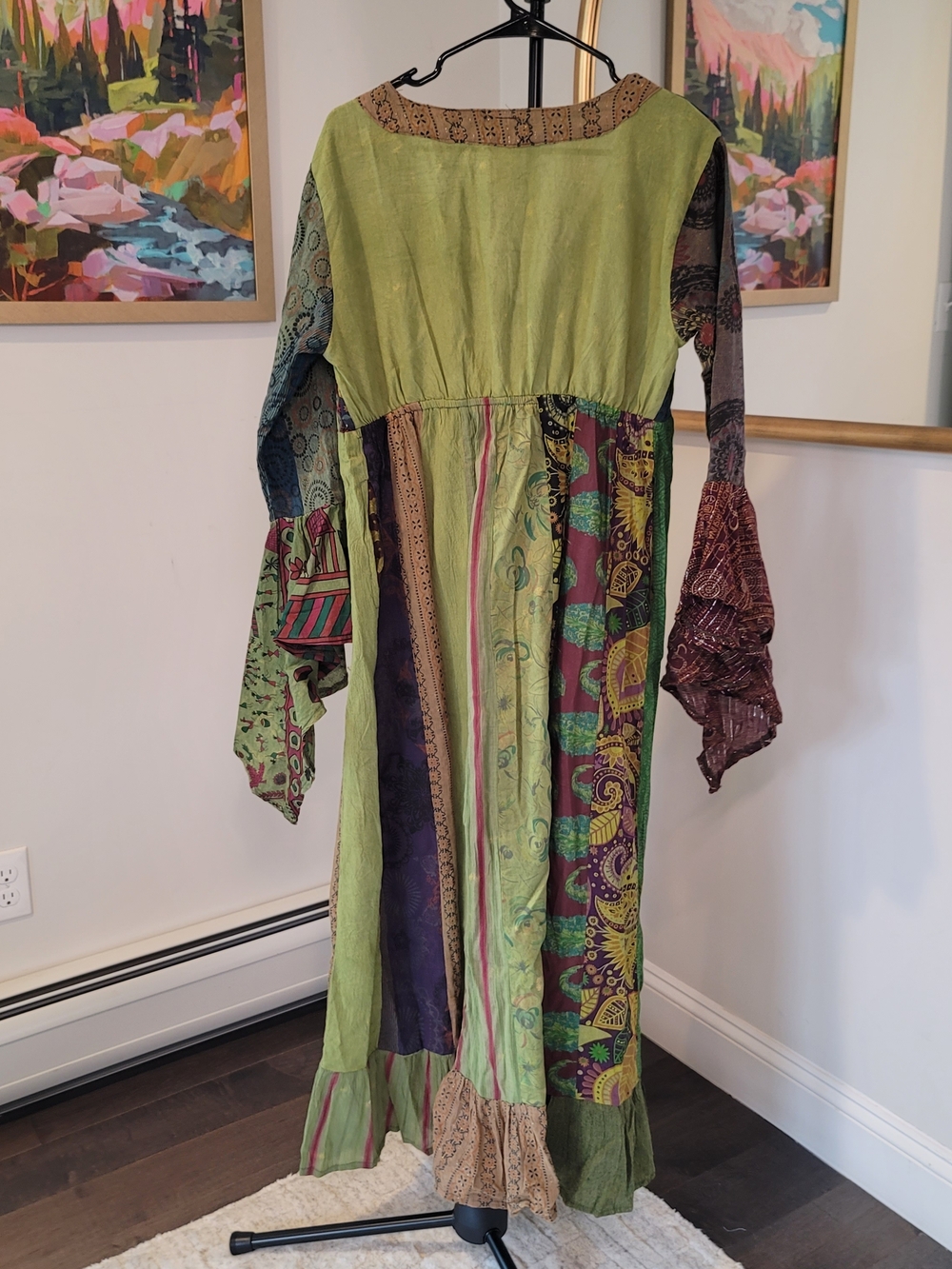 ARATTA 100% Cotton Patchwork Bohemian Bell Sleeve Duster Dress Green Size M / L - Picture 5 of 12
